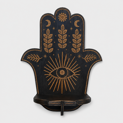 Houten Wandkandelaar met Mystieke Motieven en Plankje