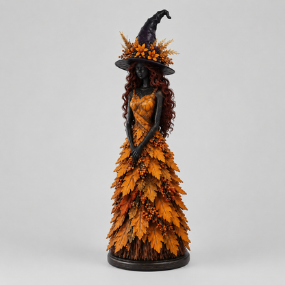 Halloweenbeeldje van een Heks met Gelaagd Herfstbladmotief
