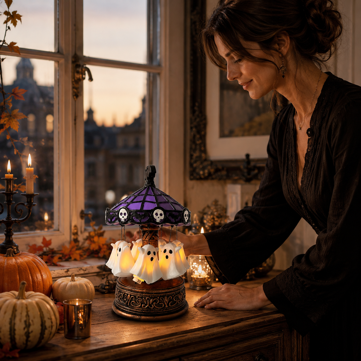 Draaiende Halloween-draaimolen met Verlichte Spookfiguren