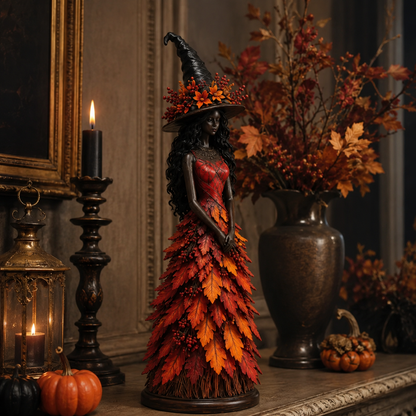 Halloweenbeeldje van een Heks met Gelaagd Herfstbladmotief