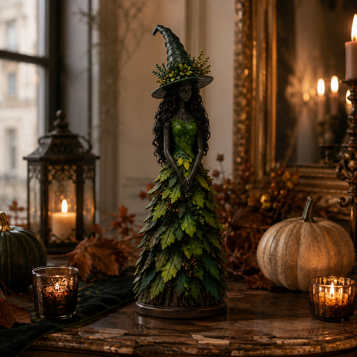 Halloweenbeeldje van een Heks met Gelaagd Herfstbladmotief