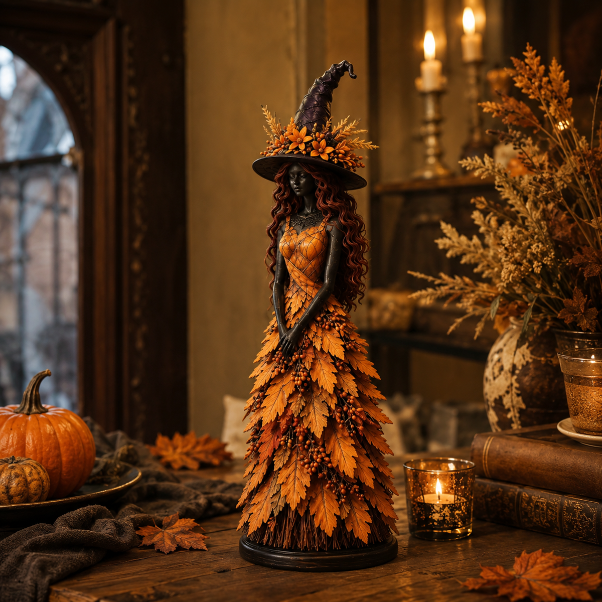 Halloweenbeeldje van een Heks met Gelaagd Herfstbladmotief