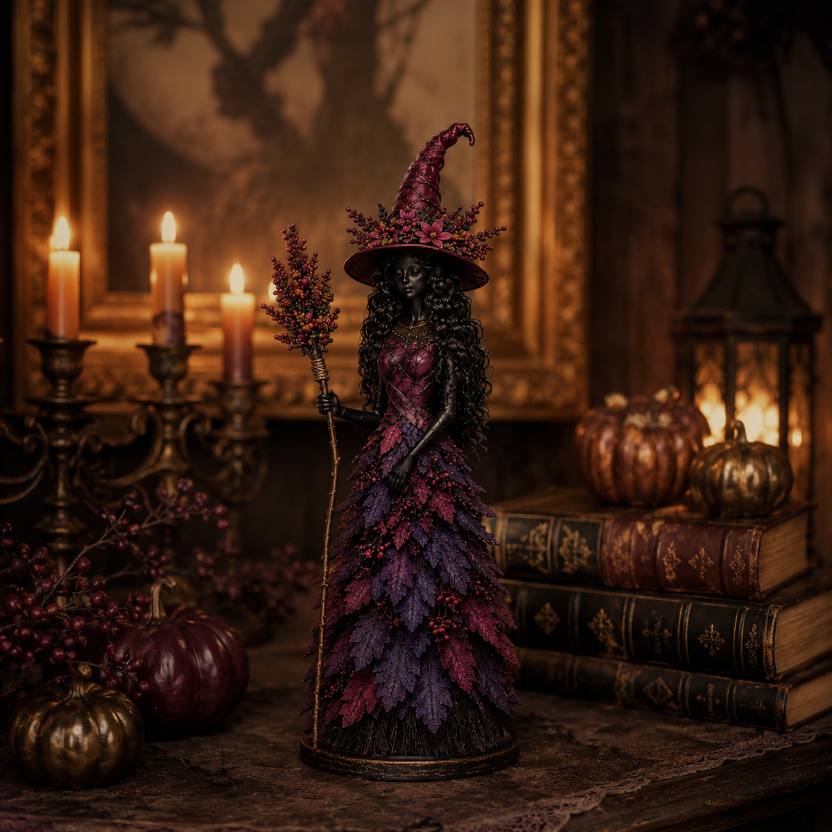 Halloweenbeeldje van een Heks met Gelaagd Herfstbladmotief