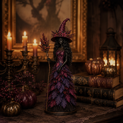 Halloweenbeeldje van een Heks met Gelaagd Herfstbladmotief