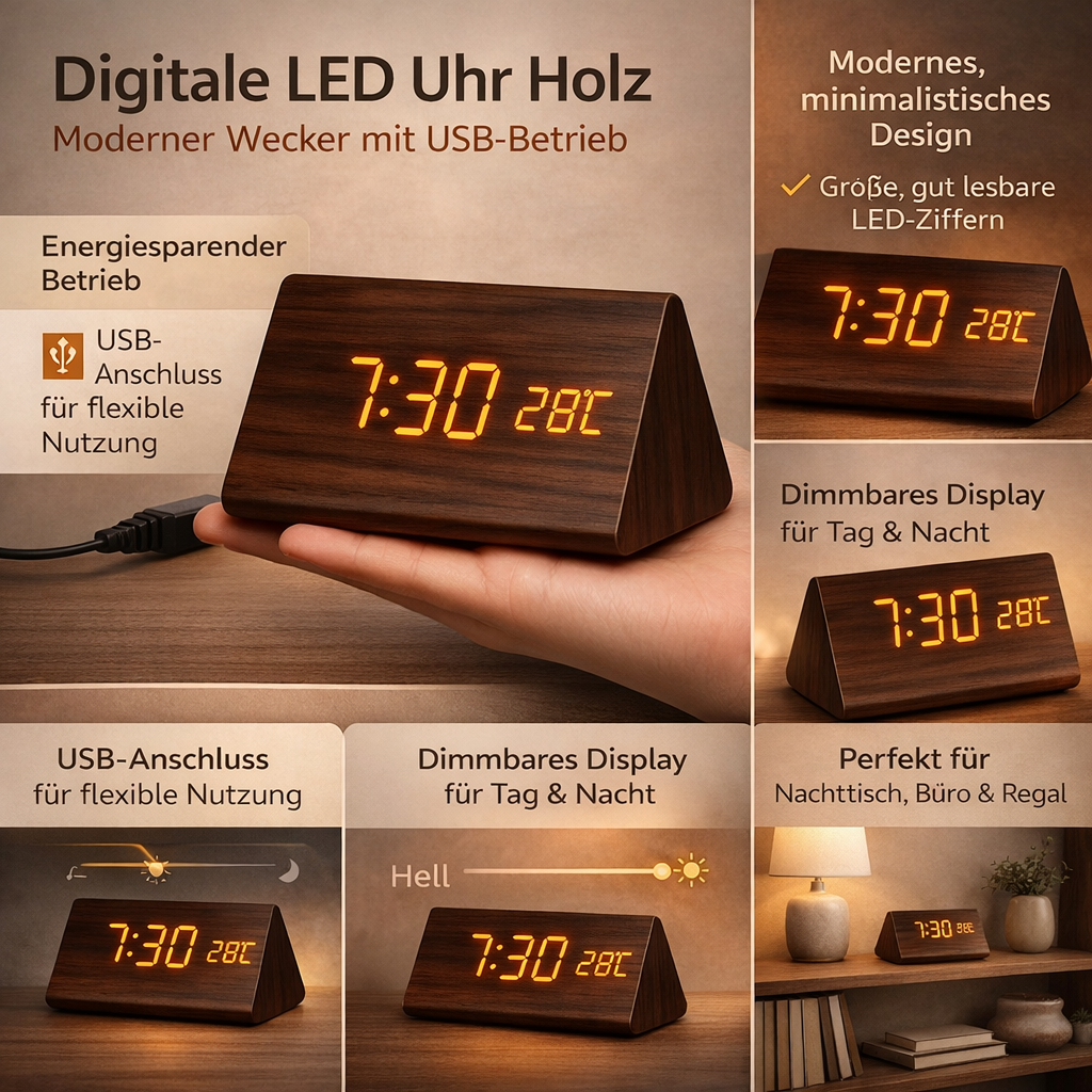 Digitale LED‑Klok met Houtlook Behuizing