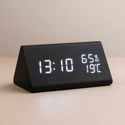 digitale led‑wekker met houtlook behuizing