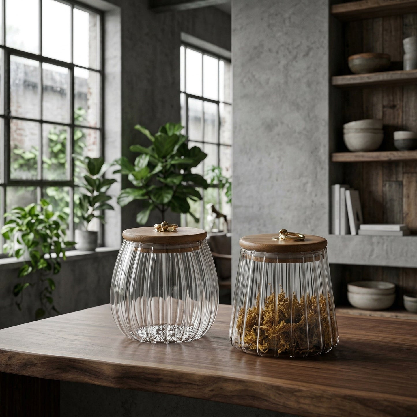 Glazen Opbergpot met Geribbelde Structuur en Houten Deksel voor Moderne Keukenorganisatie