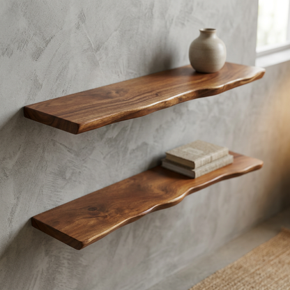 Houten Wandplank Met Organische Rand En Verborgen Montage
