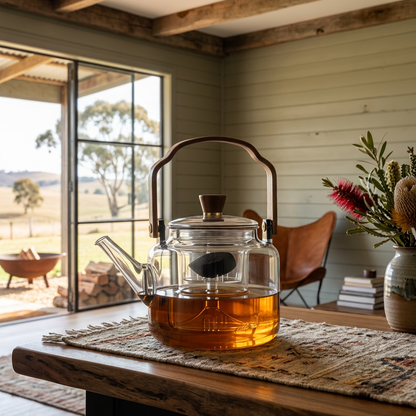 Glazen Theepot Met Walnoothandvat En Japandi‑Ontwerp