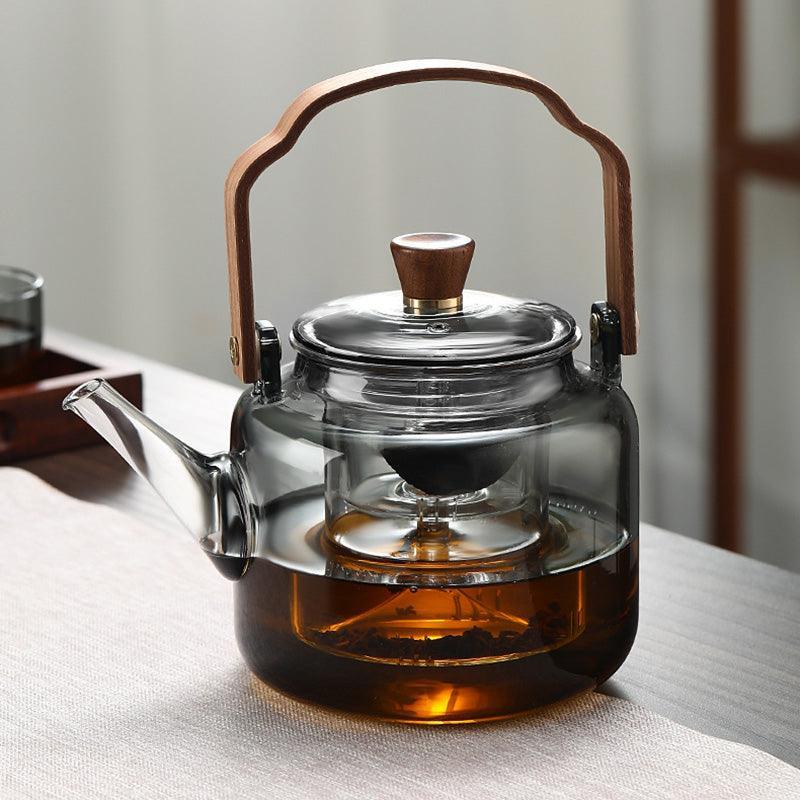 Glazen Theepot Met Walnoothandvat En Japandi‑Ontwerp