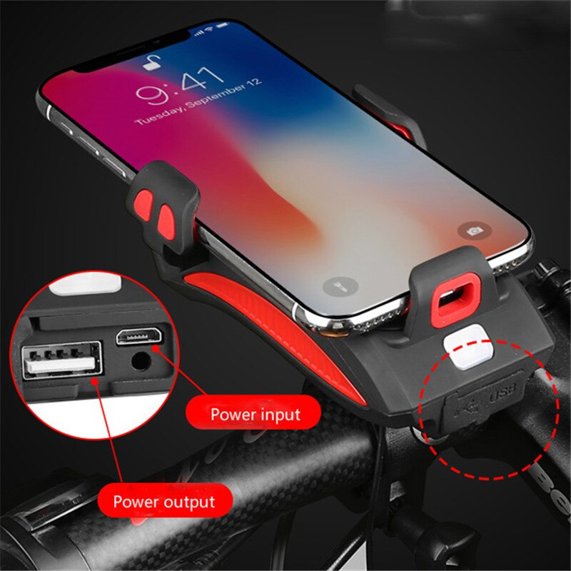 4‑in‑1 Fietsgadget – Telefoonhouder, Powerbank, LED Verlichting en Claxon