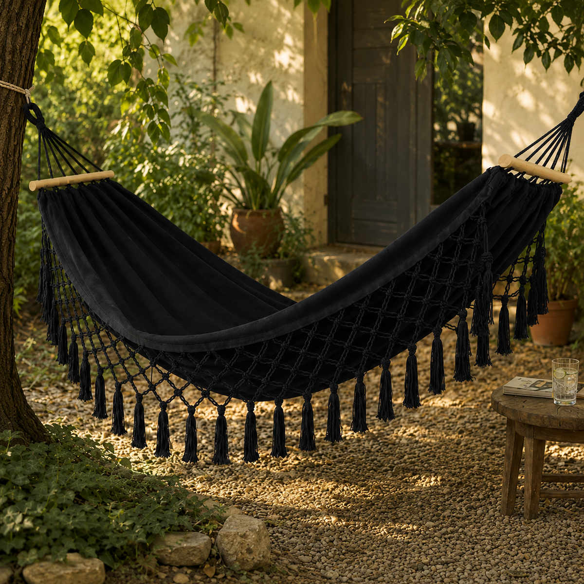 Boho-hangmat van Canvas met Houten Spreidstokken