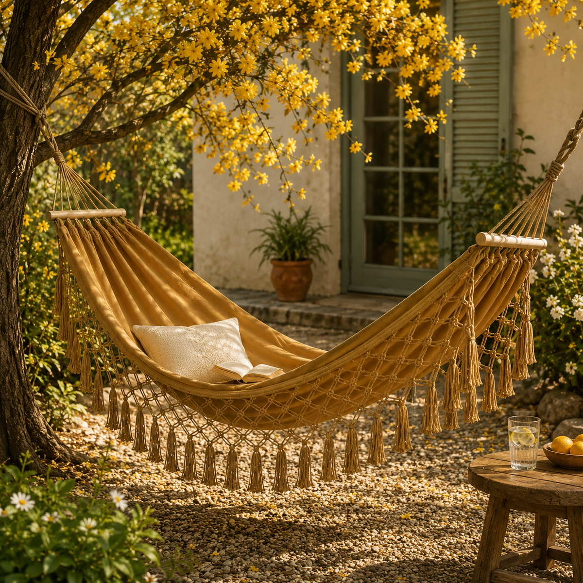 Boho-hangmat van Canvas met Houten Spreidstokken