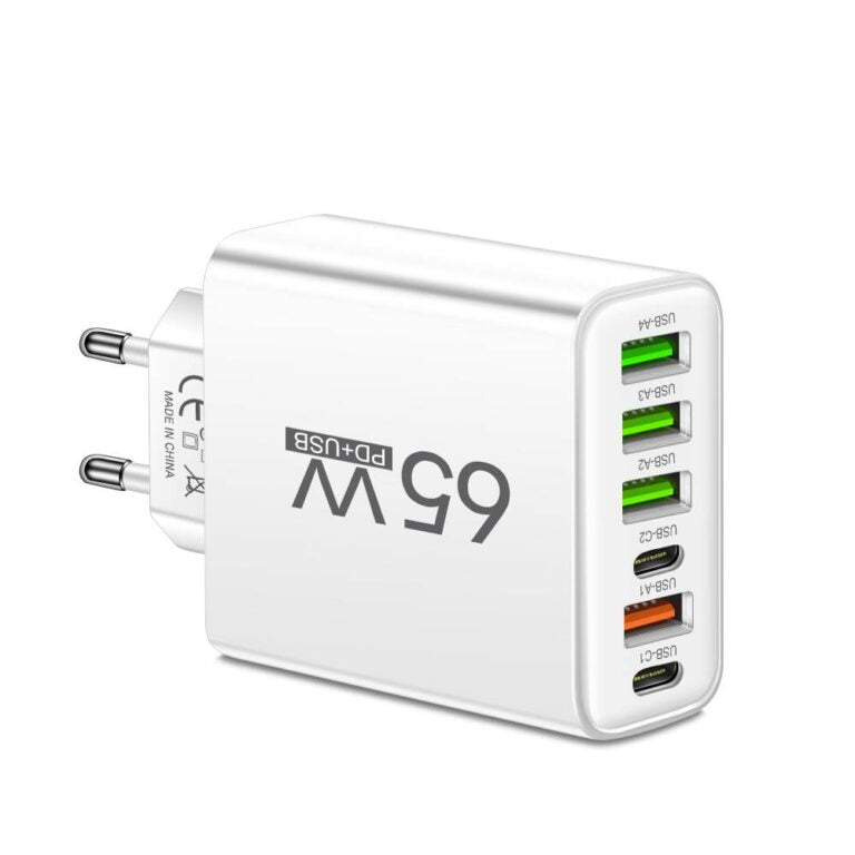Snelle 6‑in‑1 Oplader 65W met Meerdere USB‑Poorten