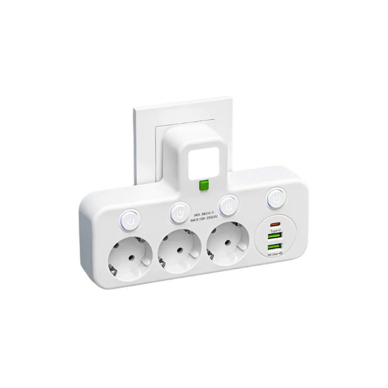 Multifunctionele Stroomverdeler met USB‑A en USB‑C