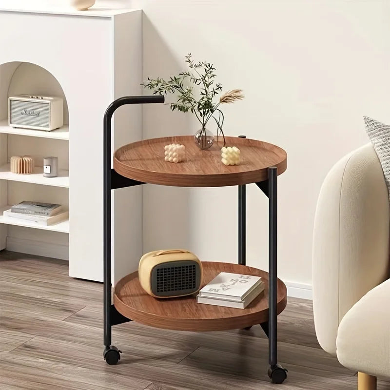 Tweelaags Houten Bijzettafel met Verrijdbare Wielen