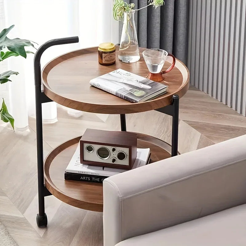 Tweelaags Houten Bijzettafel met Verrijdbare Wielen