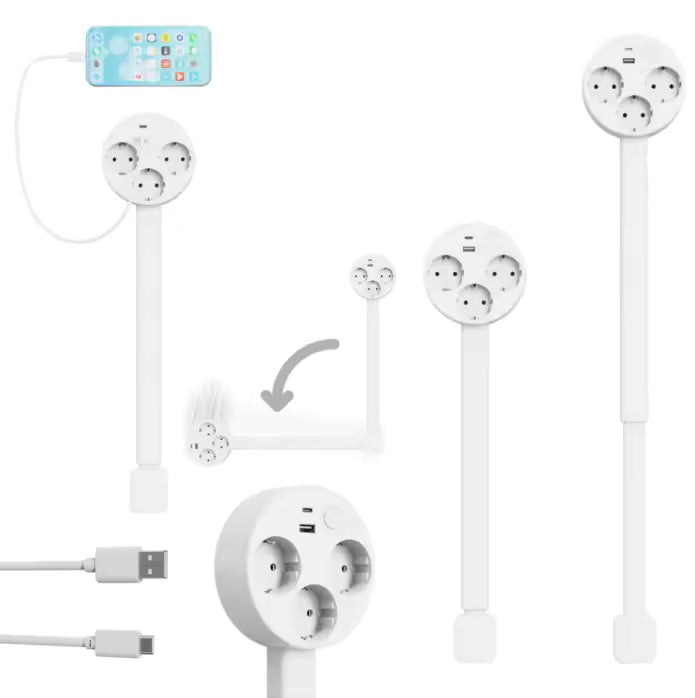 Uitschuifbare Stekkerdoos met 180° Draaibare Arm en USB-Poorten