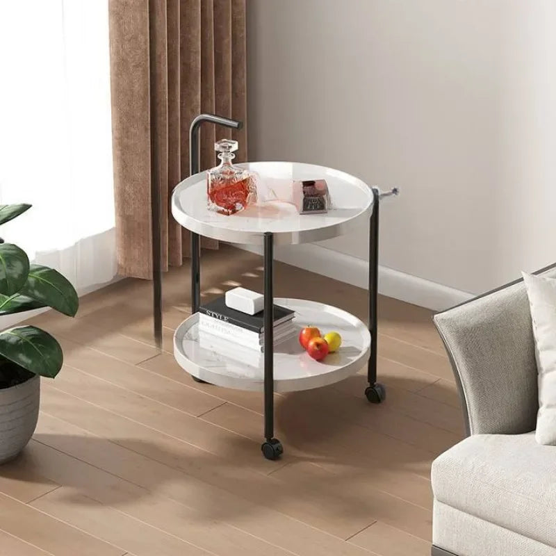 Tweelaags Houten Bijzettafel met Verrijdbare Wielen