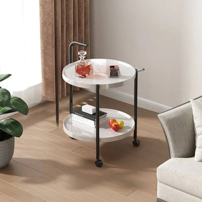 Tweelaags Houten Bijzettafel met Verrijdbare Wielen