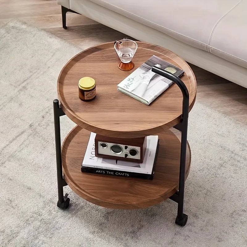 Tweelaags Houten Bijzettafel met Verrijdbare Wielen