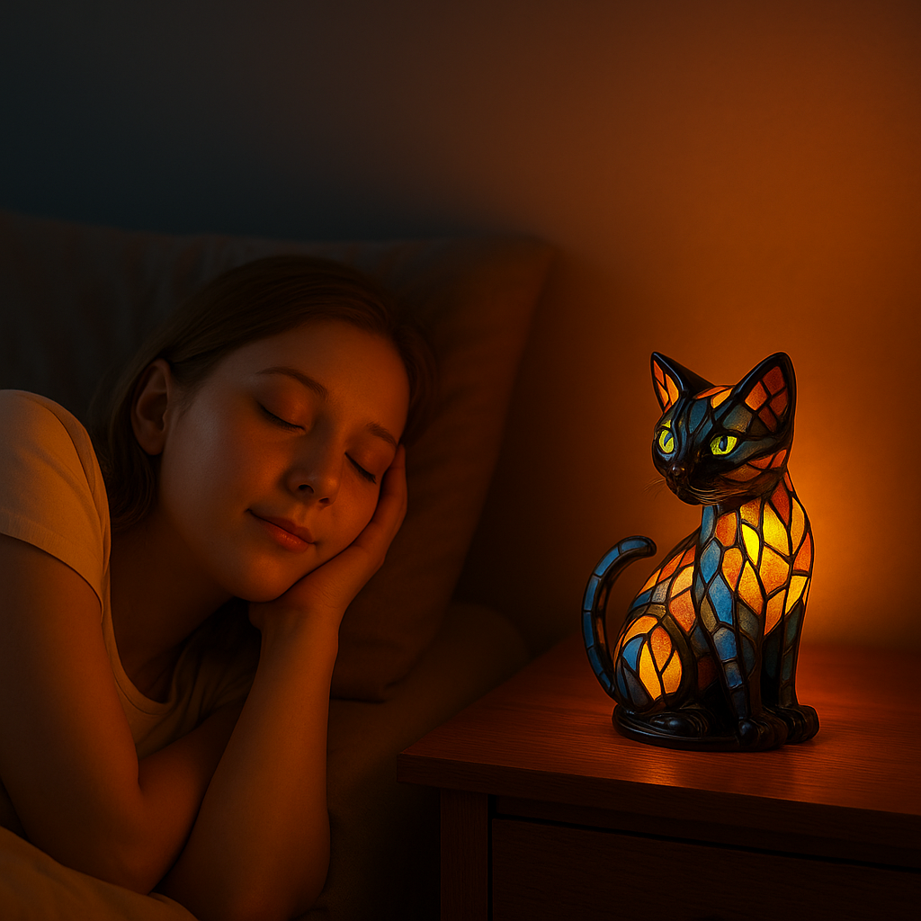 Handgemaakte Glazen Kattenlamp Met Kleurrijke Lichtwissel