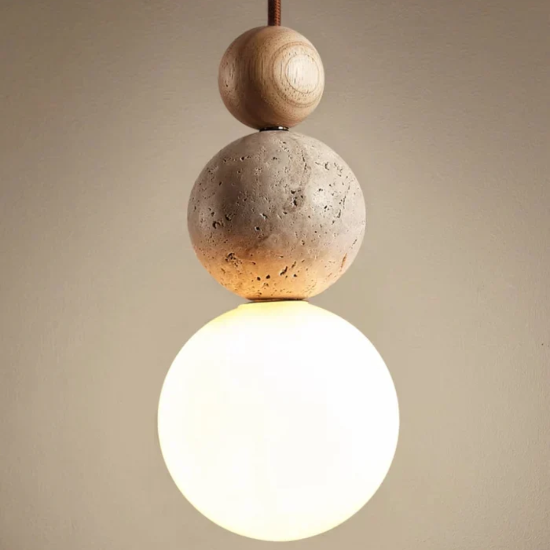 Travertin Hanglamp met Hout en Warmwit Licht