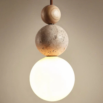 Travertin Hanglamp met Hout en Warmwit Licht