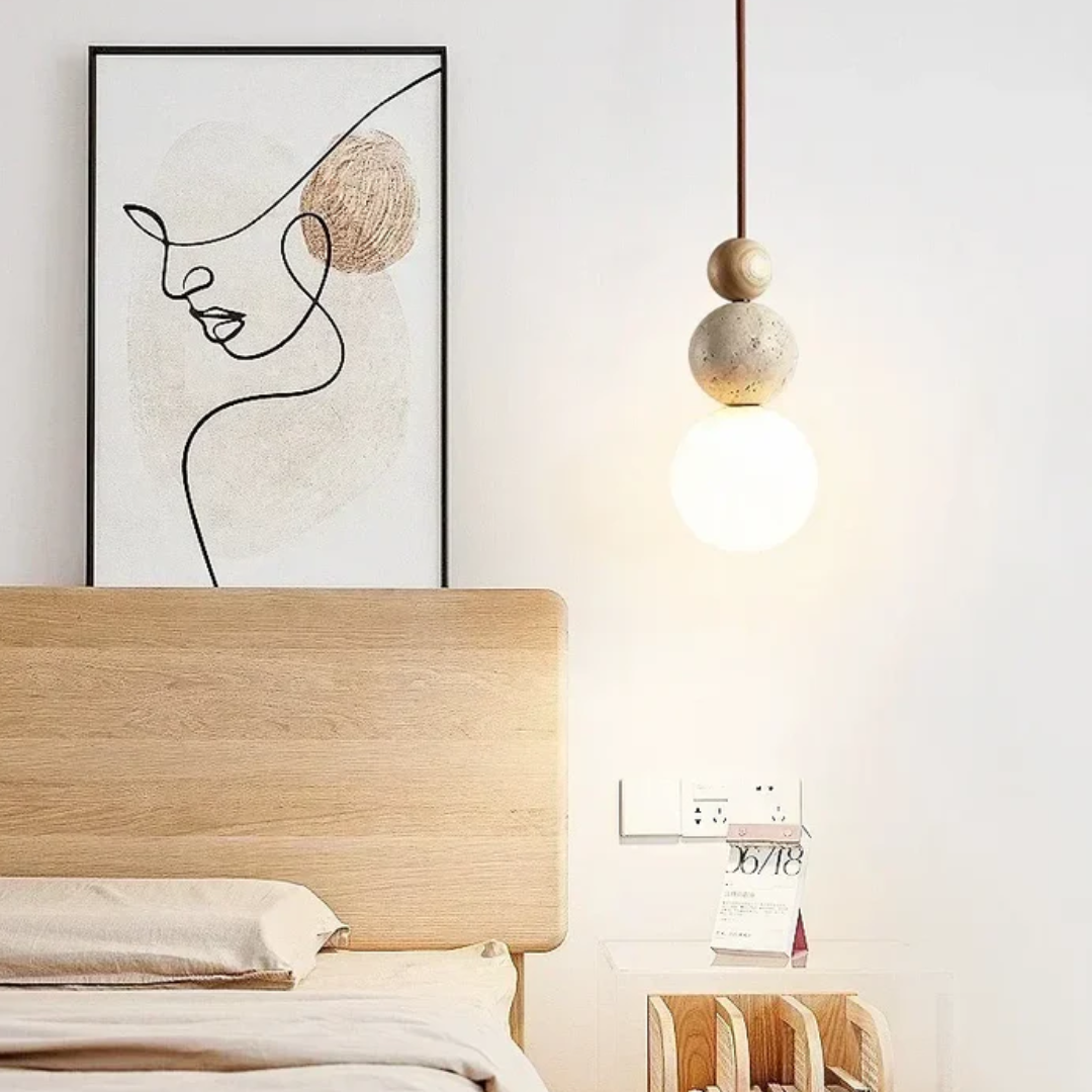 Travertin Hanglamp met Hout en Warmwit Licht