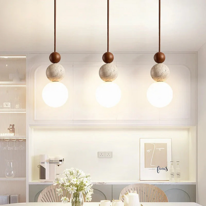 Travertin Hanglamp met Hout en Warmwit Licht