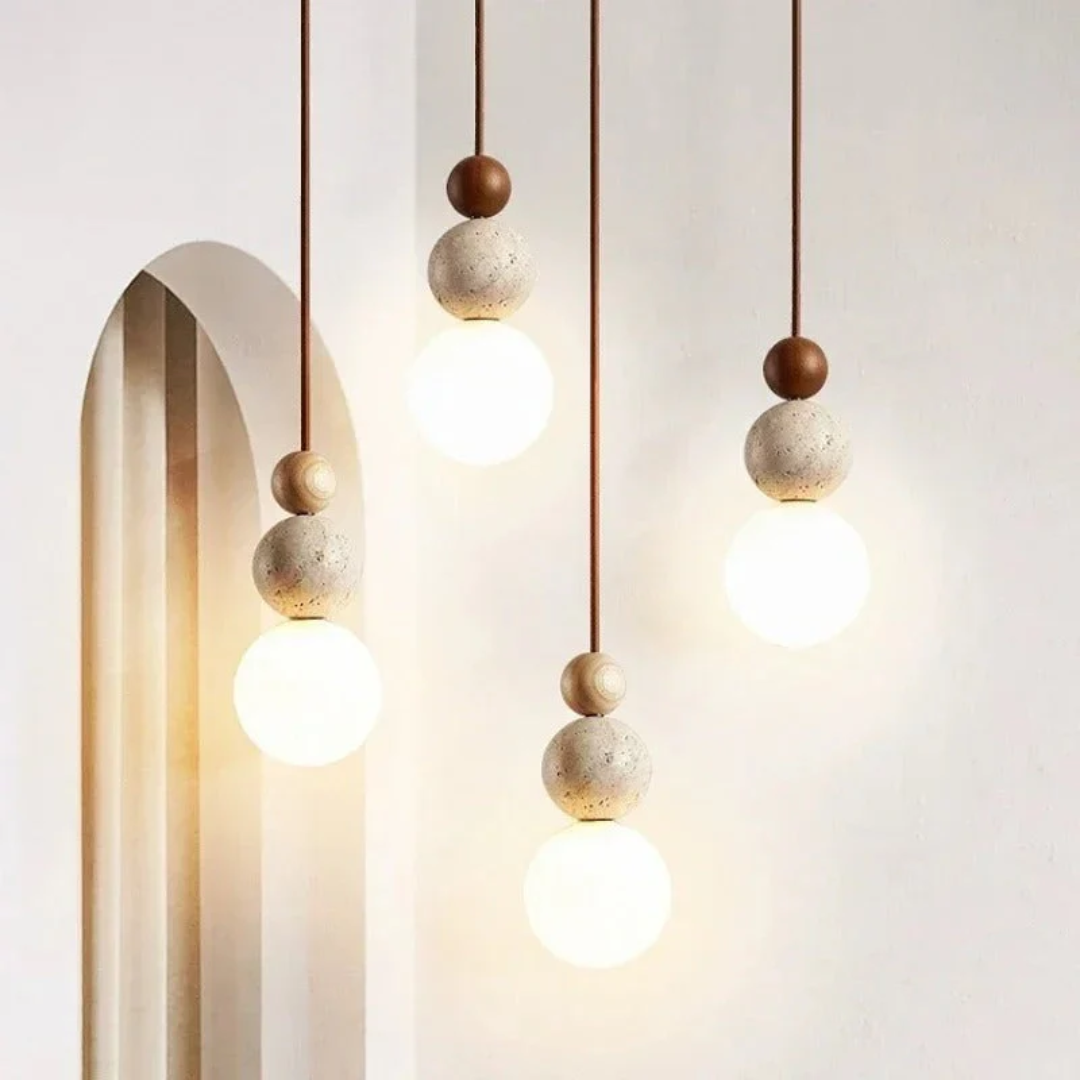 Travertin Hanglamp met Hout en Warmwit Licht