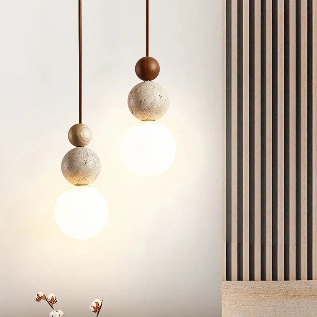 Travertin Hanglamp met Hout en Warmwit Licht