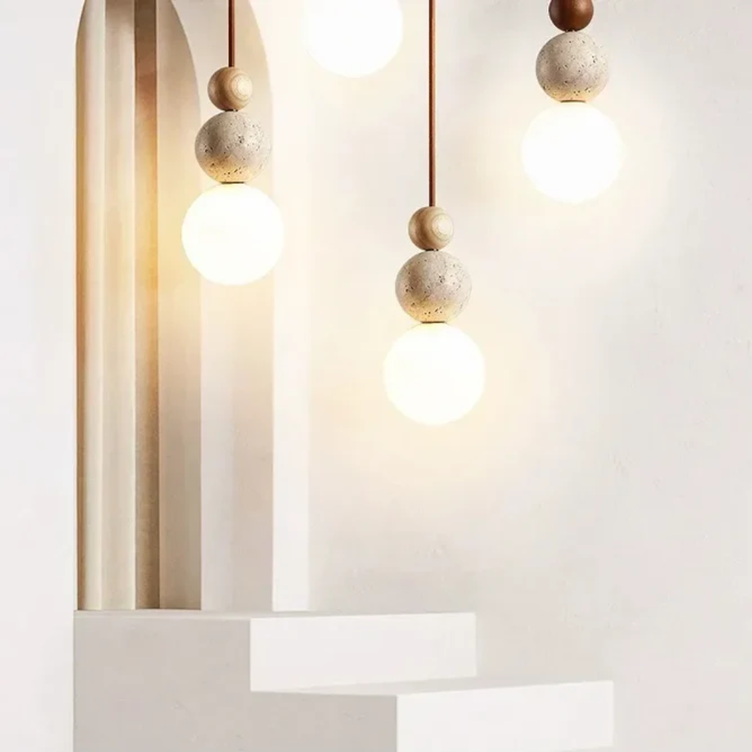 Travertin Hanglamp met Hout en Warmwit Licht