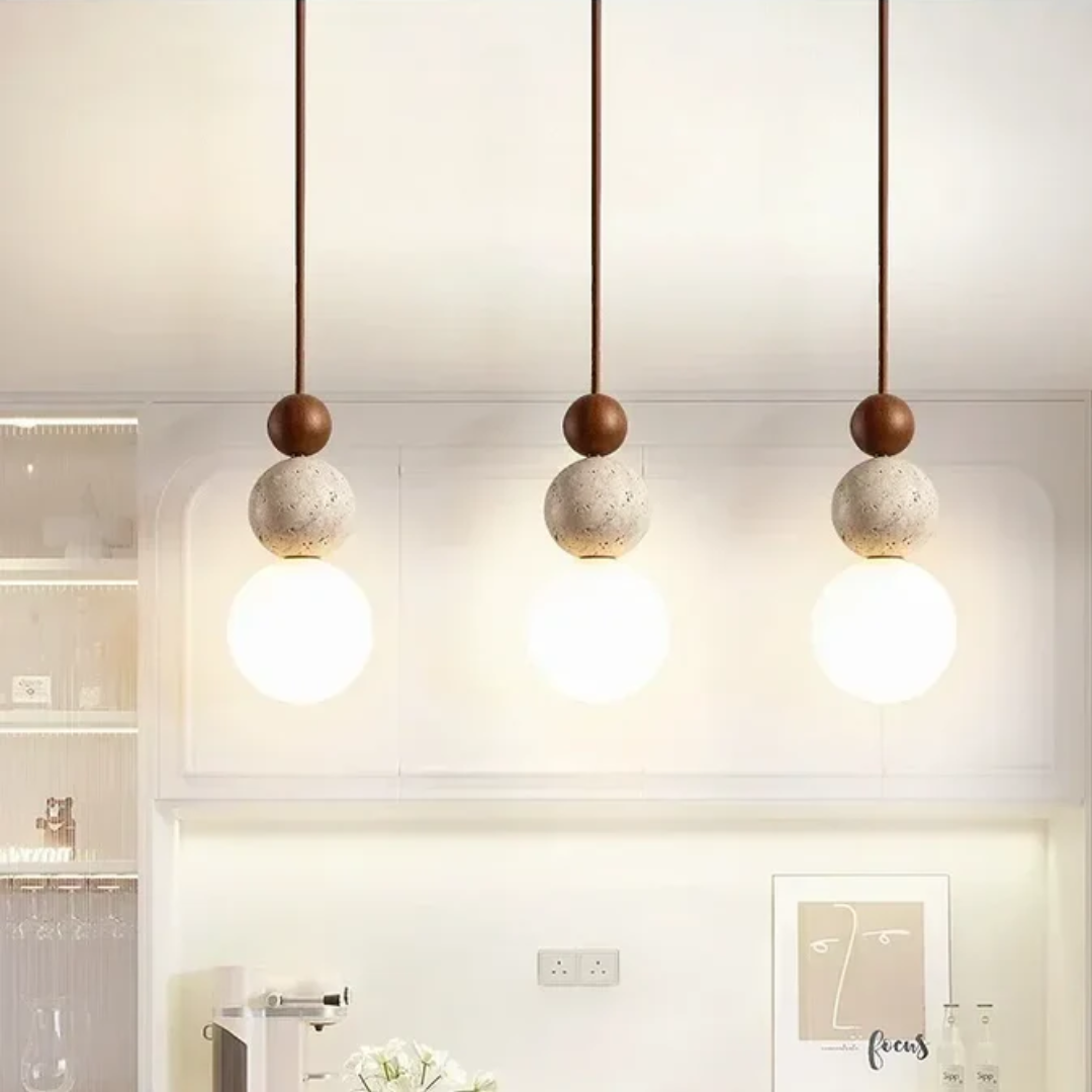 Travertin Hanglamp met Hout en Warmwit Licht