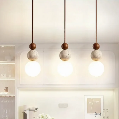 Travertin Hanglamp met Hout en Warmwit Licht