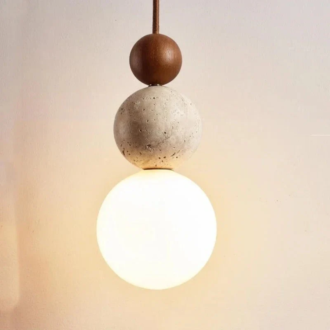 Travertin Hanglamp met Hout en Warmwit Licht