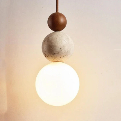 Travertin Hanglamp met Hout en Warmwit Licht
