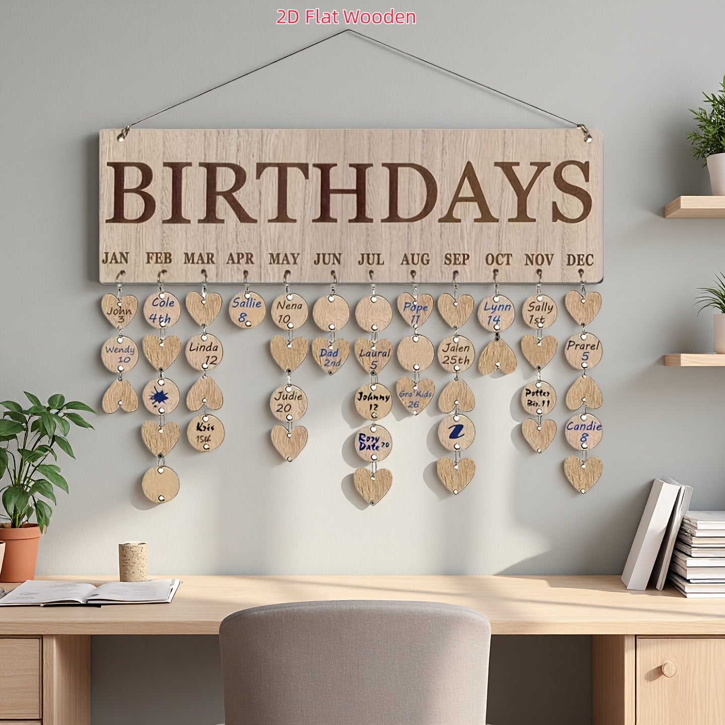 HeartDays Houten Kalenderbord – Creatieve Verjaardagsdecoratie met Hartvormige Hangers