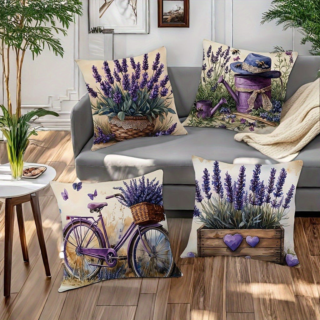 Set van 4 Lavendel Kussenhoezen met Retro Fietsontwerp
