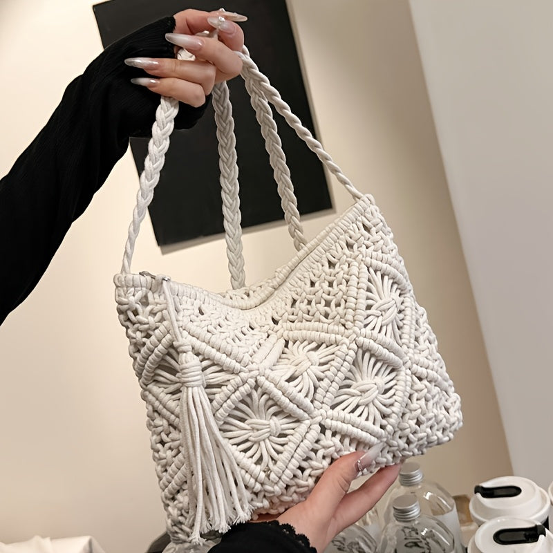 Boho Handgeweven Schoudertas – Zomerse Geometrische Tote