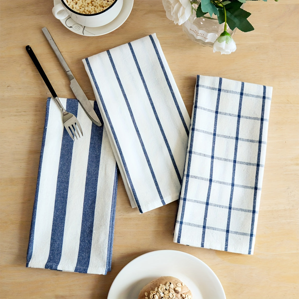 BlueGrid Keukendoekenset – 3-pack Rechthoekige Katoenen Doeken met Geruit en Gestreept Patroon
