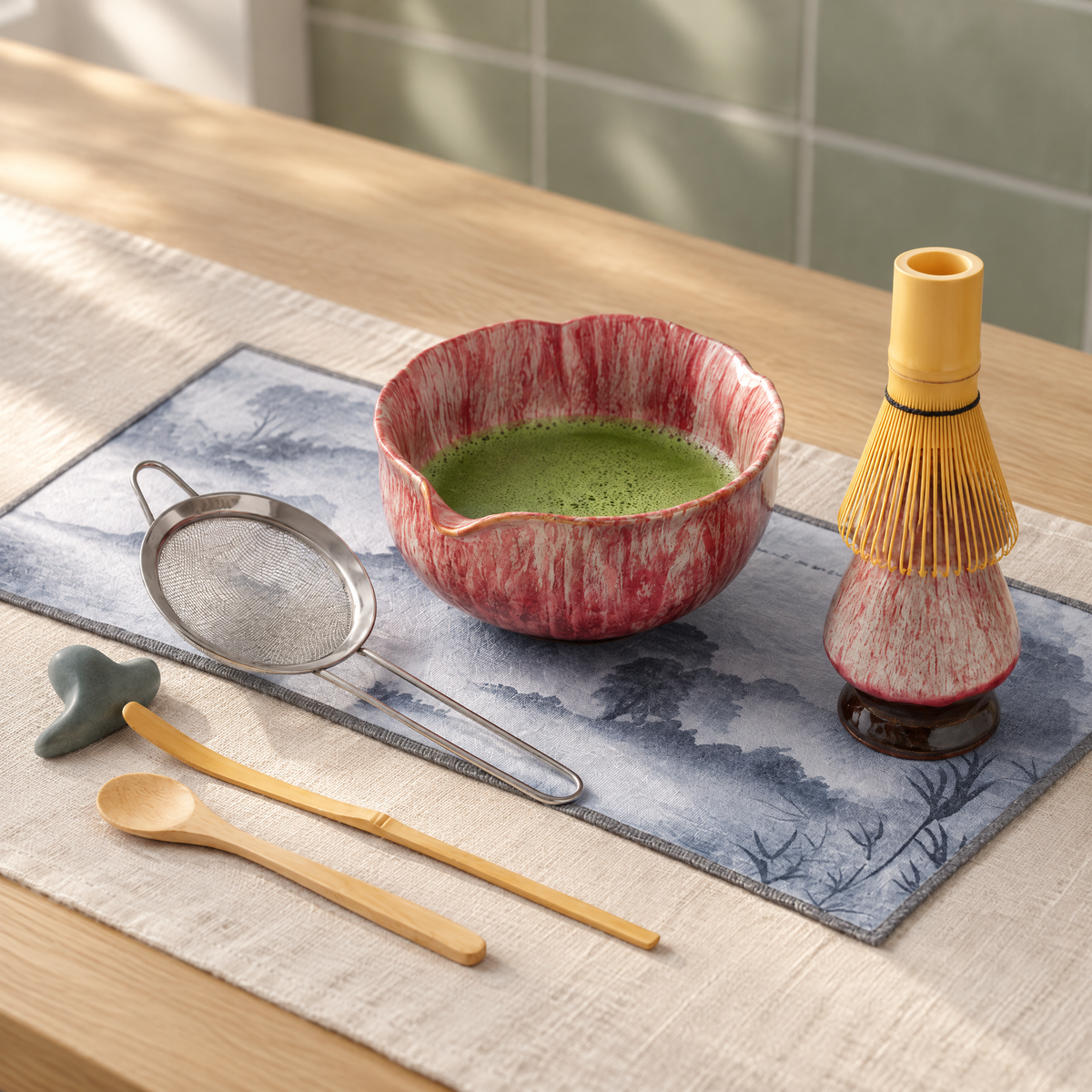 Complete Matcha Theeset Met Keramische Kom En Bamboe Accessoires