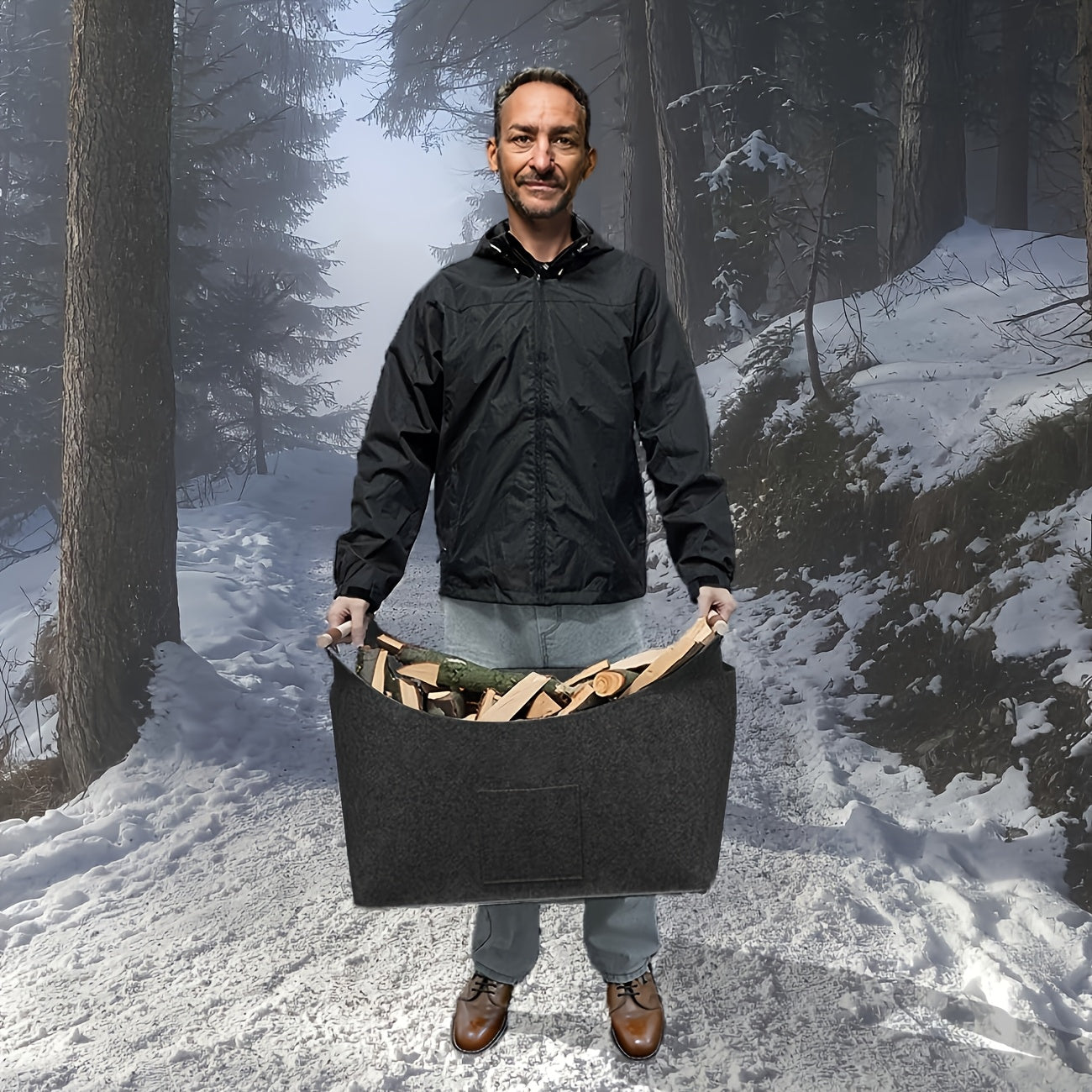 Opvouwbare Filten Houtmand met Houten Handgrepen