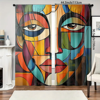 Art Deco Gordijnen – Abstract Gezichtsmotief in Perzikvelours