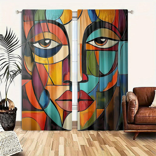 Art Deco Gordijnen – Abstract Gezichtsmotief in Perzikvelours