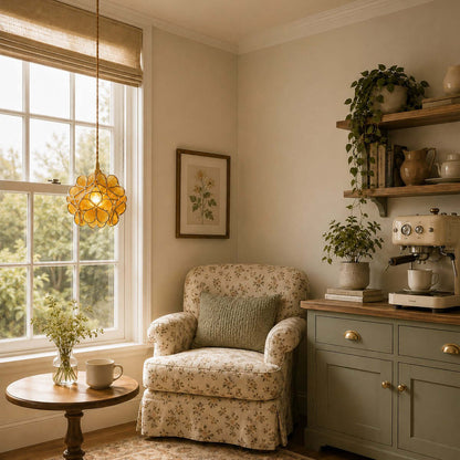 Elegante Bloemvormige Hanglamp van Glas met Messing Details