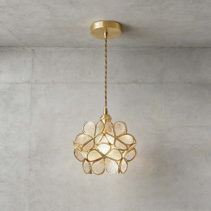 Elegante Bloemvormige Hanglamp van Glas met Messing Details
