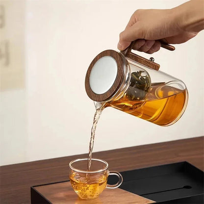 Borosilicaat Theekan Met Houten Handgreep En Afneembare Infuser Voor Rustige Theemomenten