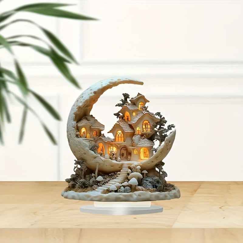 Maanvormige Decoratie met Verlicht Miniatuurdorp