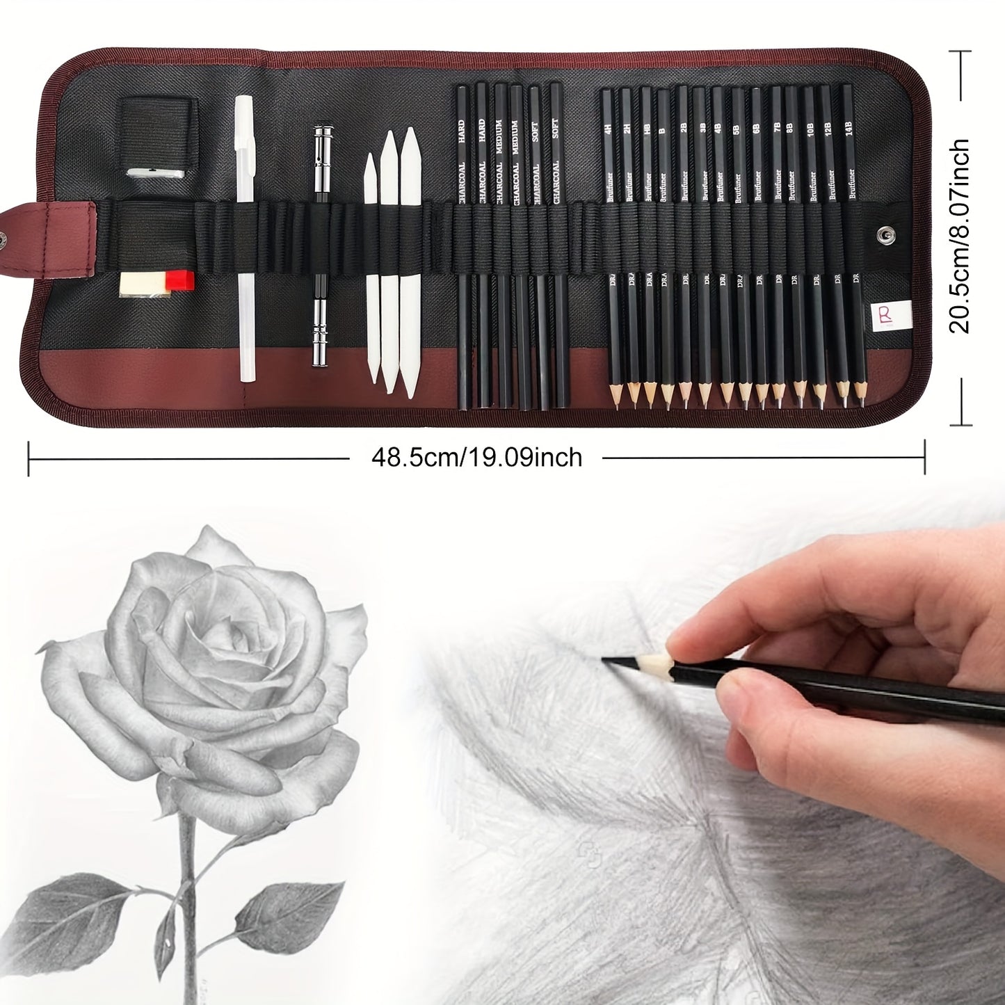 Professionele schetsset – 29/60-delig tekenpakket met grafiet, houtskool en blendingtools voor volwassen kunstenaars